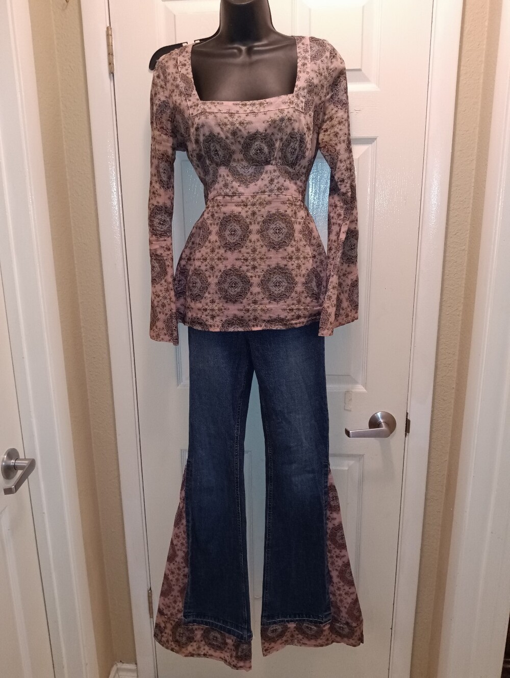 Vintage Arden B  Mauve Pink Floral Top & Flare Jeans Matching Boho Set Sz S
